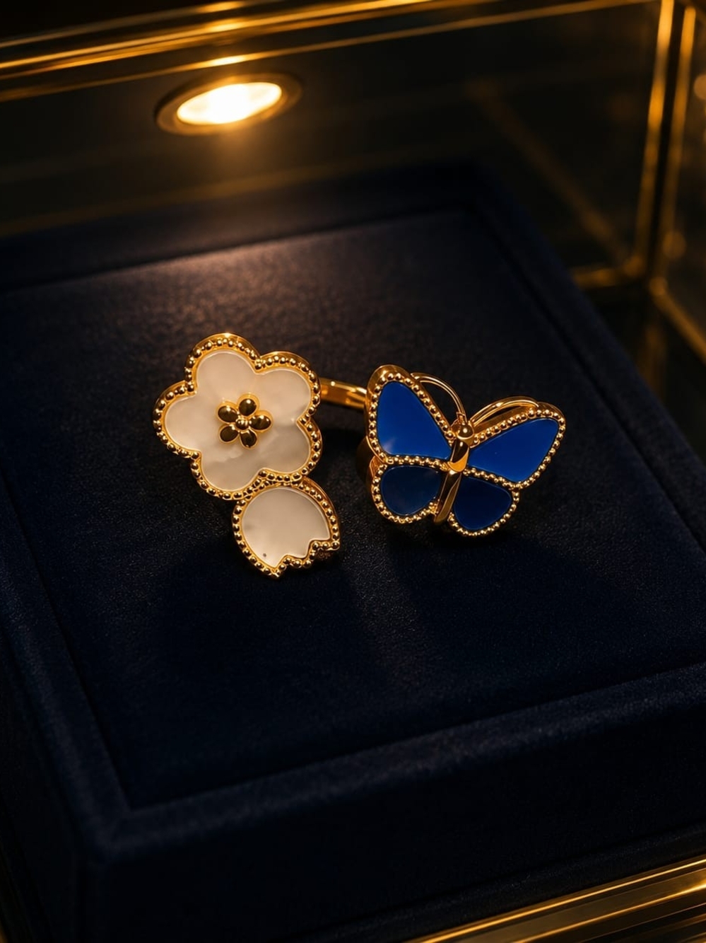 Gold Floral and Blue Butterfly Enamel Stud Earrings - Picture 2 of 7
